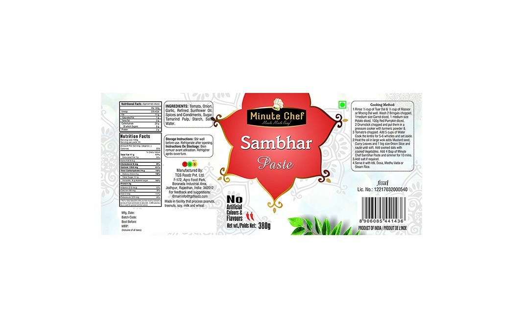 Minute Chef Sambhar Paste    Glass Jar  380 grams
